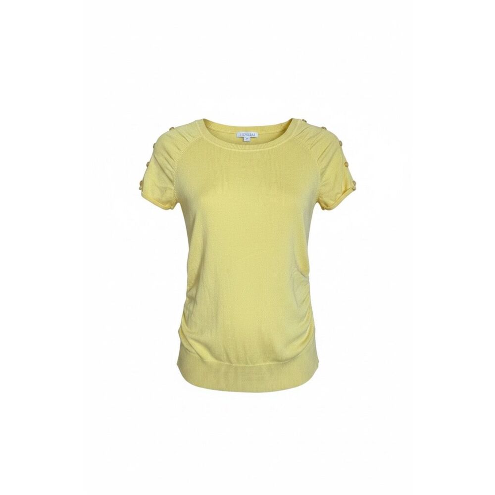Roz & Ali NWOT Ruched‎ Short Sleeve Button Shoulder Sweater Top Yellow Sz Medium
